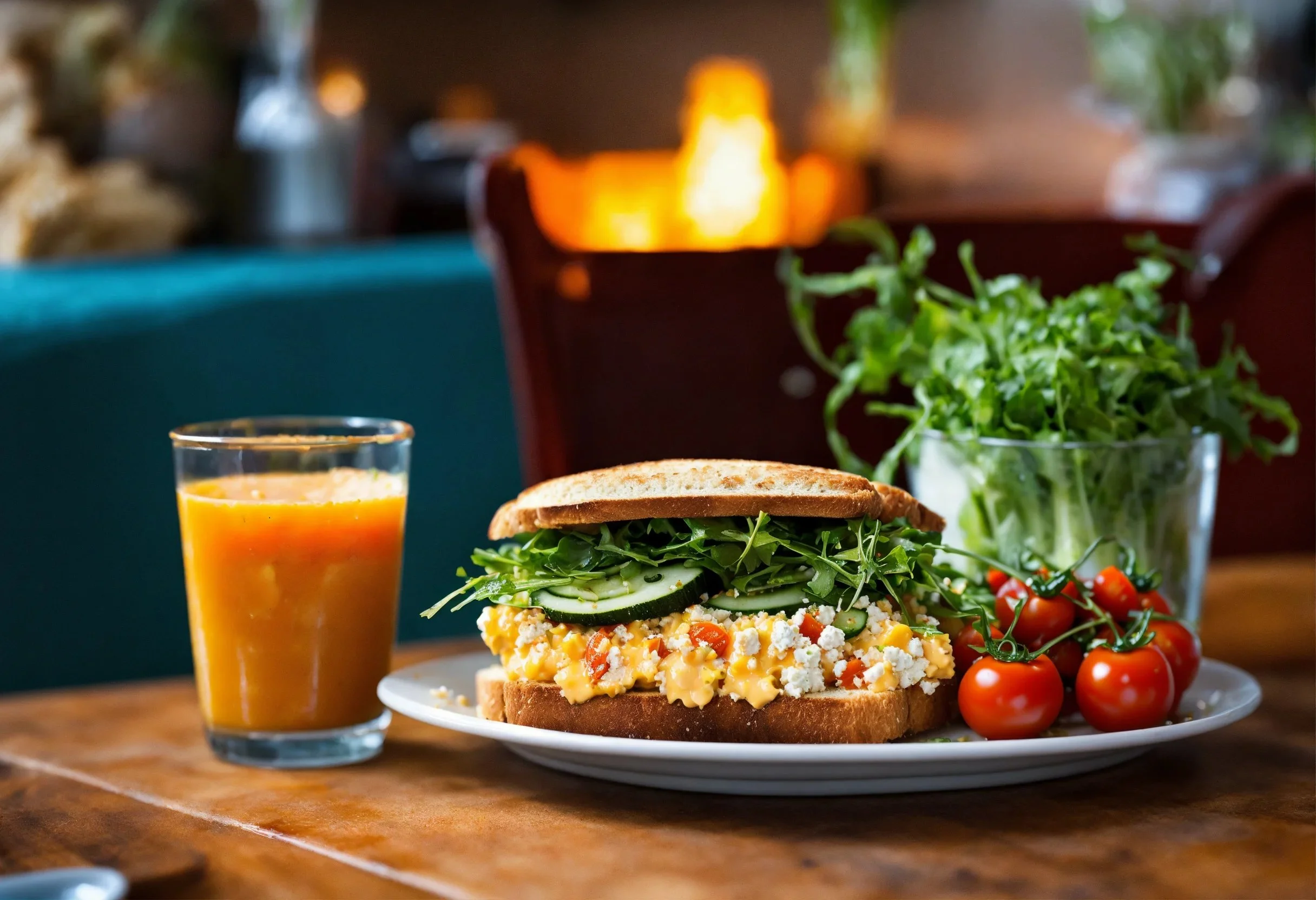 A cozy, appetizing image showing a pimento cheese sandwich with classic side dishes. Imagine a plate with the sandwich, a small bowl of creamy tomato soup, and a side salad, all set on a warm, inviting dining table.