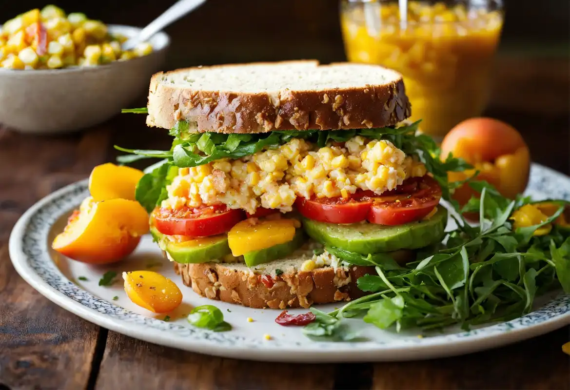 A creative, colorful image showcasing unusual pairings with a pimento cheese sandwich. Include elements like a small bowl of rosemary tomato peach chutney, fried green tomatoes, and a vibrant bean and corn salad, all arranged artistically around a pimento cheese sandwich.