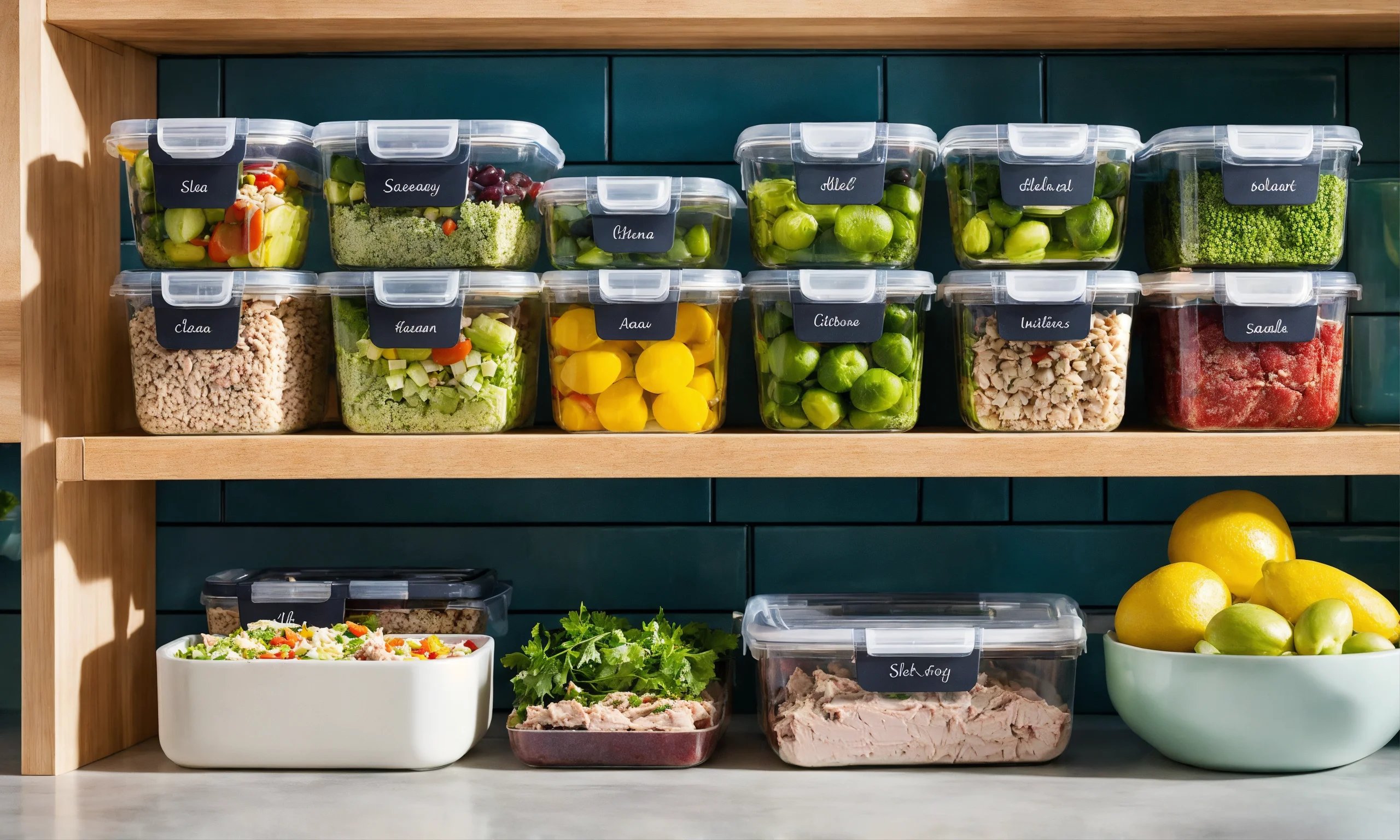 A set of different types of food storage containers (glass and plastic) on a kitchen shelf. Each container has a label indicating it’s for tuna salad, showing organization and proper storage.