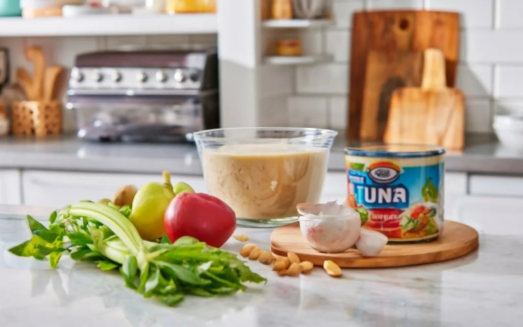 A kitchen counter with ingredients for making tuna salad, including a can of tuna, mayonnaise, fresh celery, and a mixing bowl. The background shows a refrigerator to signify the theme of preservation.
