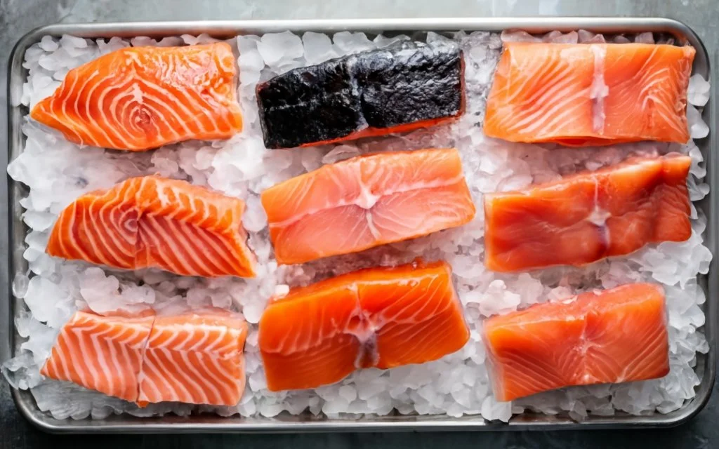  A selection of different types of frozen salmon fillets (like Sockeye, King, and Atlantic) displayed on ice, with clear labels, to help viewers identify the best types for air frying
