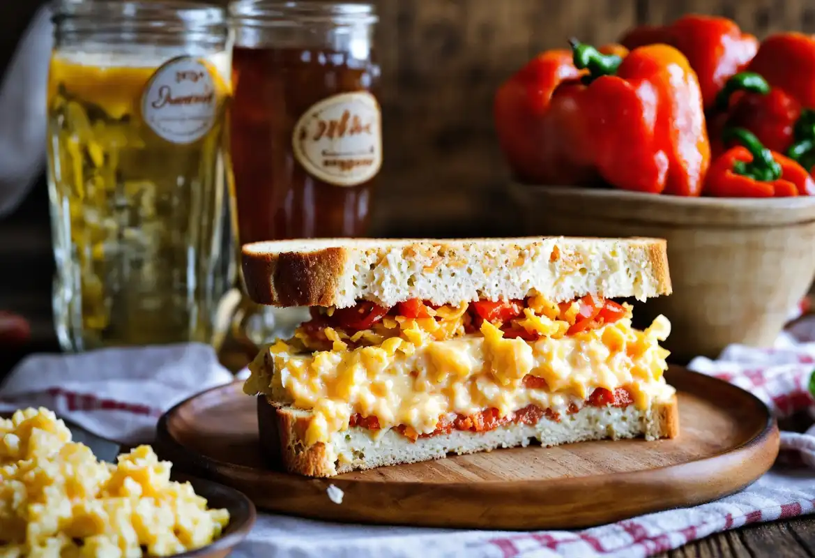 An image of a classic pimento cheese sandwich on a rustic wooden table, with a background that suggests a cozy Southern kitchen. The sandwich should be open-faced, showcasing the creamy pimento cheese spread, with a few pimento peppers scattered around for added color.