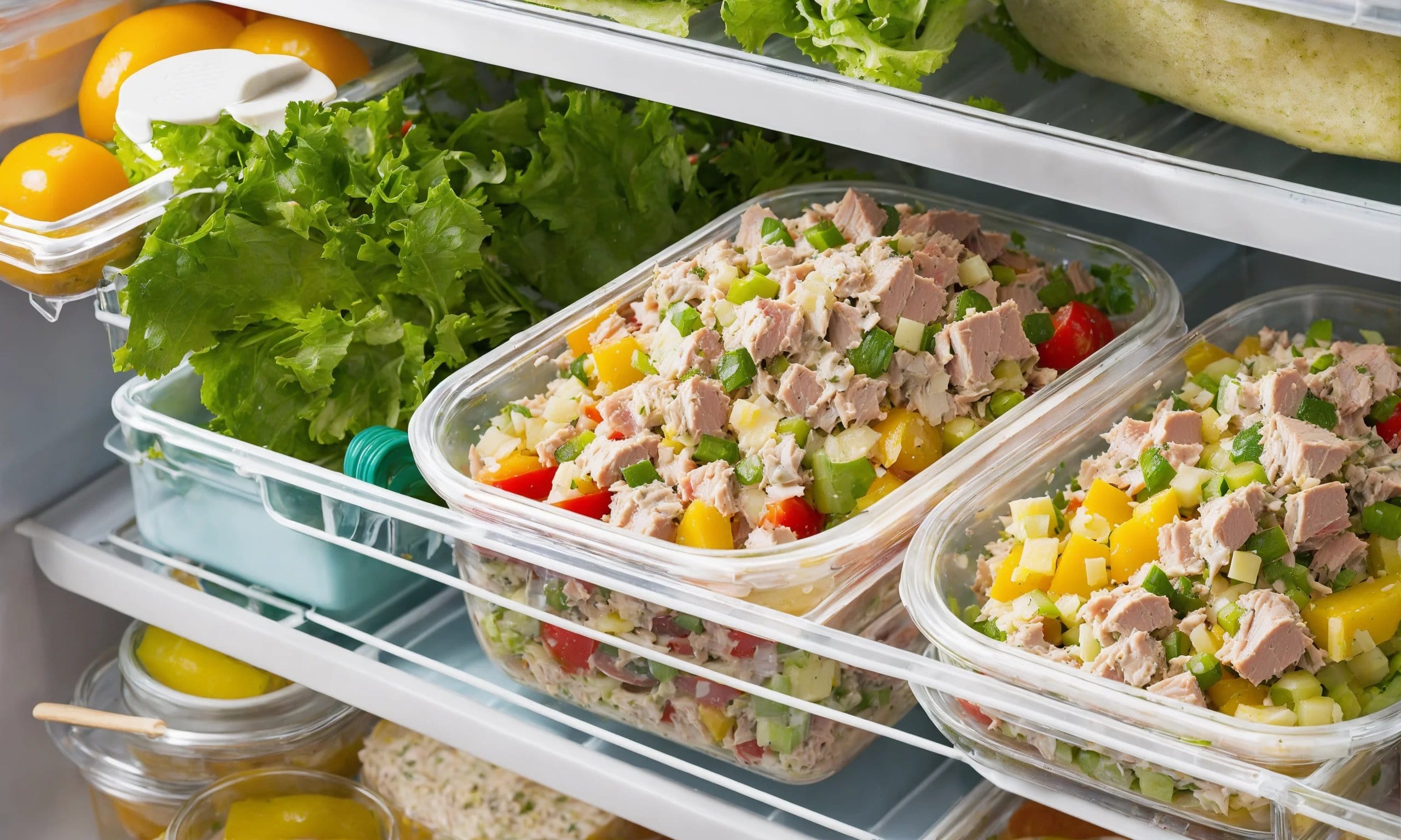 An open refrigerator with a shelf dedicated to storing tuna salad in various airtight containers. A thermometer inside the fridge shows a temperature below 40°F.