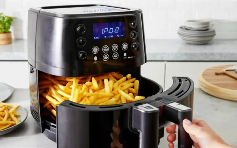 an instructional sequence for cooking frozen fries in an air fryer. Illustrate setting the temperature, a timer showing cooking duration, shaking the basket for even cooking, and fries turning golden brown and crispy. Aim for an informative and clear visual guide.