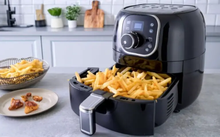 Show the preparation of frozen fries for air frying in a home kitchen. Include an air fryer being preheated, a basket with fries arranged neatly without overcrowding, and a visible kitchen timer indicating the start of cooking. The kitchen should feel warm and welcoming.