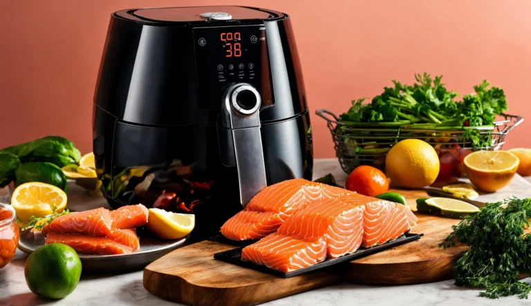 a basket of fresh salmon fillets, and modernity of air fryer cooking.