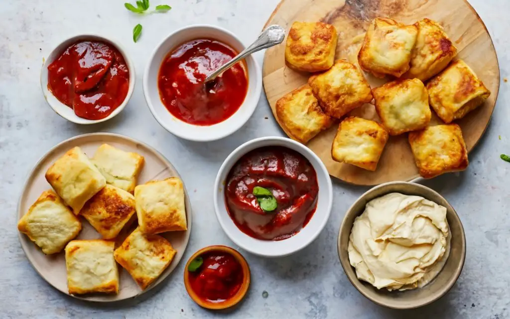 an image showcasing a variety of sauces and cheeses next to a bowl of air fried pizza rolls.