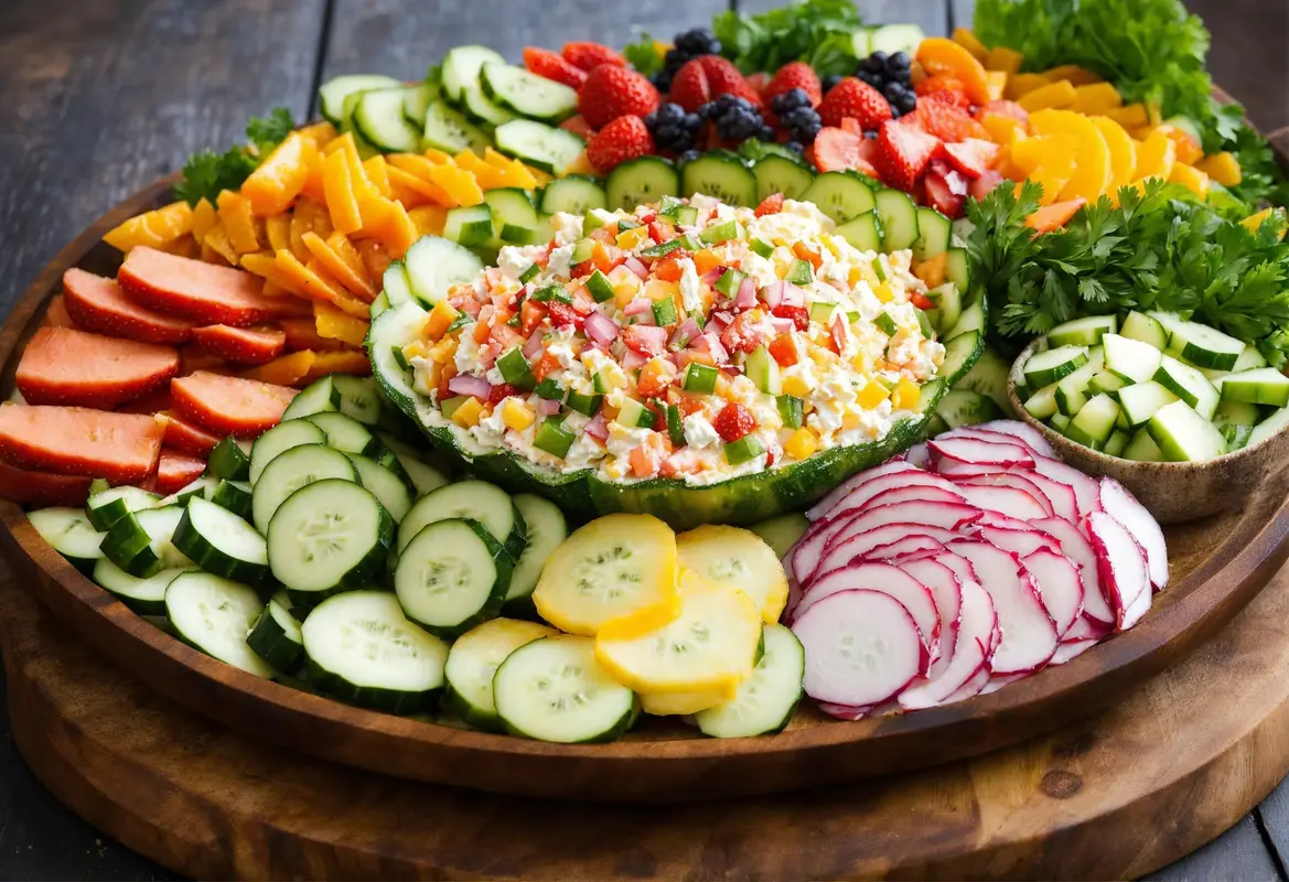 a platter with cucumber rounds topped with cream cheese, a small bowl of Japanese cucumber salad, and a fruit salad with a variety of colorful fruits
